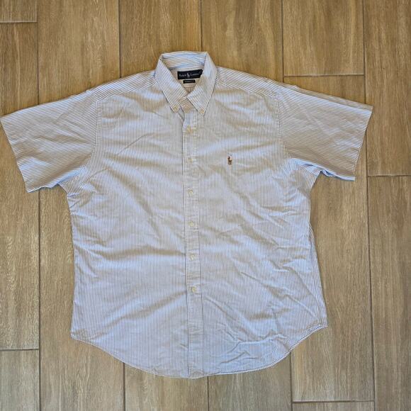 Ralph Lauren XL Classic Fit Shirt Blue White Stripe Short Sleeve Polo Pony Logo - Picture 1 of 9